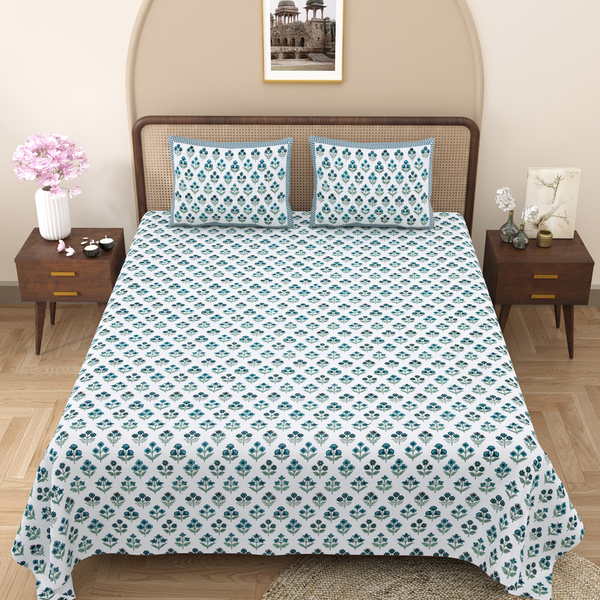 Pure Cotton Block Print Jaipuri Bedsheet - King Size 100*108 inches - Blue Petals