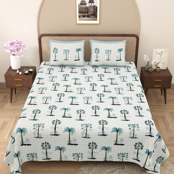 Pure Cotton Block Print Jaipuri Bedsheet - King Size 100*108 inches - Blue Pristine Palms