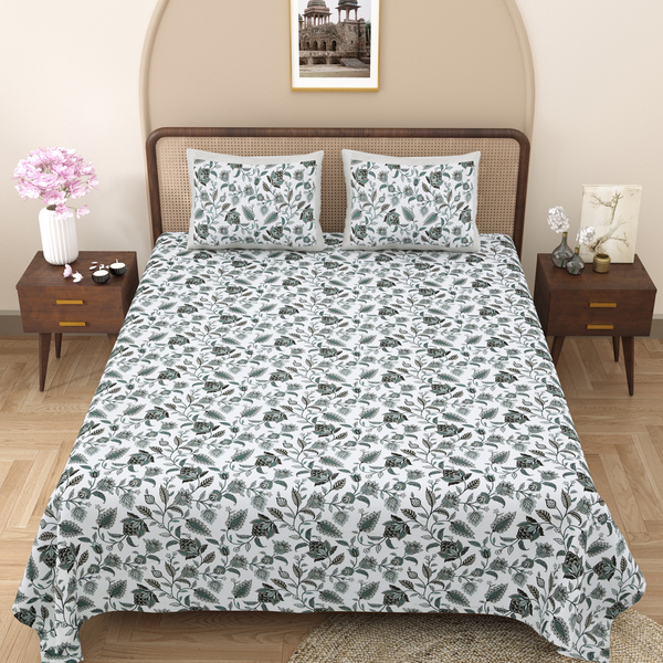 Pure Cotton Block Print Jaipuri Bedsheet - King Size 100*108 inches - Green Floral Print