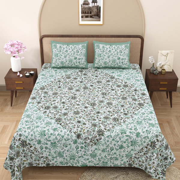 Pure Cotton Block Print Jaipuri Bedsheet - King Size 100*108 inches - Brown Green Floral