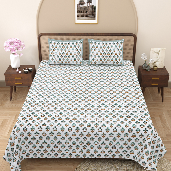 Pure Cotton Block Print Jaipuri Bedsheet - King Size 100*108 inches - Blue Brown Petals