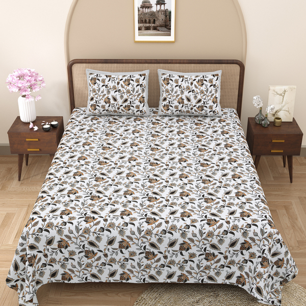 Pure Cotton Block Print Jaipuri Bedsheet - King Size 100*108 inches - Brown Floral Print