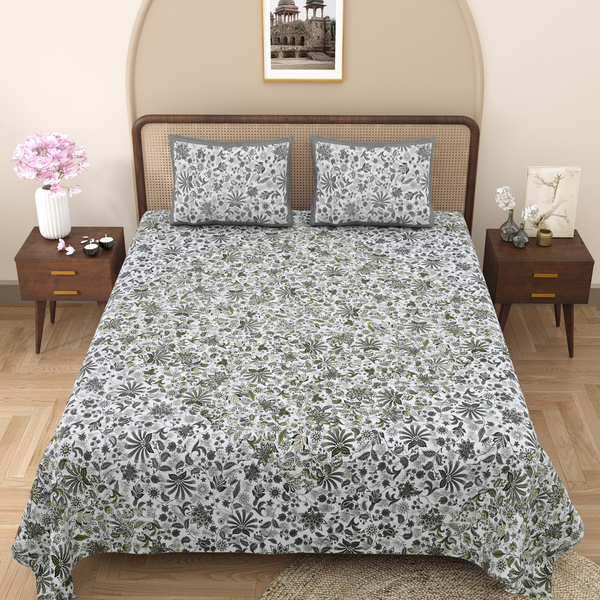 Pure Cotton Block Print Jaipuri Bedsheet - King Size 100*108 inches - Grey Green Floral