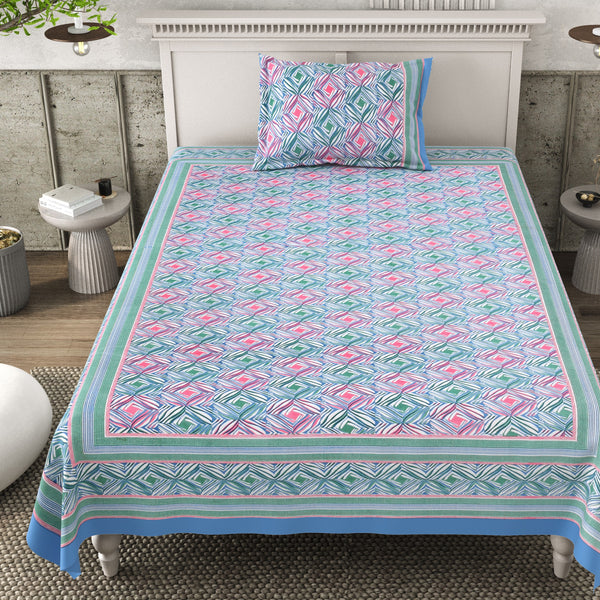 Pure Cotton Block Print Jaipuri Bedsheet - Single Bedsheet - 63*90 inches - Zigzag Harmony