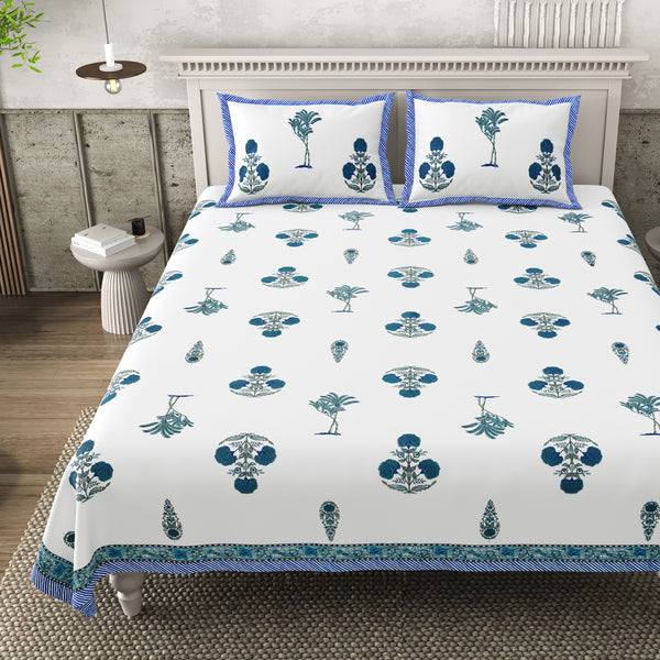 Pure Cotton Block Print Jaipuri Bedsheet - King Size 95*108 inches - Azure Bloom