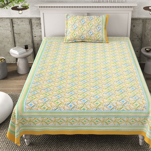 Pure Cotton Block Print Jaipuri Bedsheet - Single Bedsheet - 63*90 inches - Zigzag Harmony