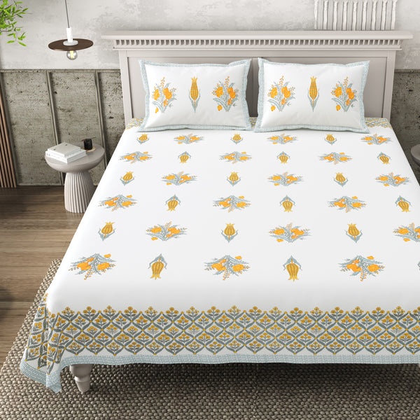 Pure Cotton Block Print Jaipuri Bedsheet - Super King Size 108*108 inches - Floral Grace