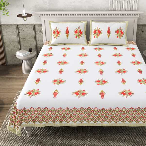 Pure Cotton Block Print Jaipuri Bedsheet - King Size 95*108 inches - Floral Grace