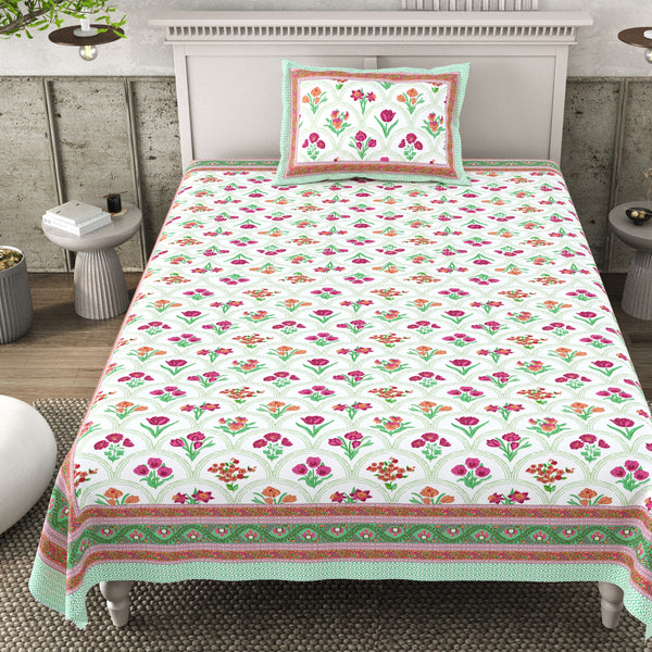 Pure Cotton Block Print Jaipuri Bedsheet - Single Bedsheet - 63*90 inches - Floral Breeze