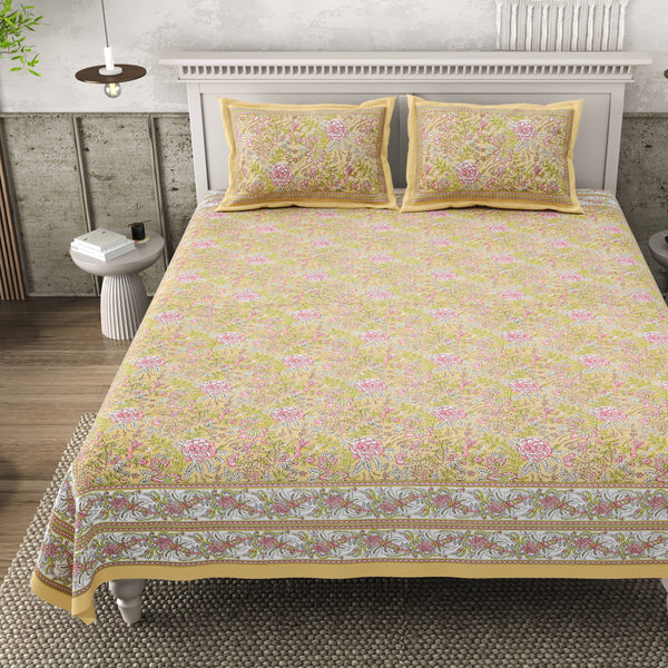 Pure Cotton Block Print Jaipuri Bedsheet - King Size 95*108 inches - Sunny Bloom