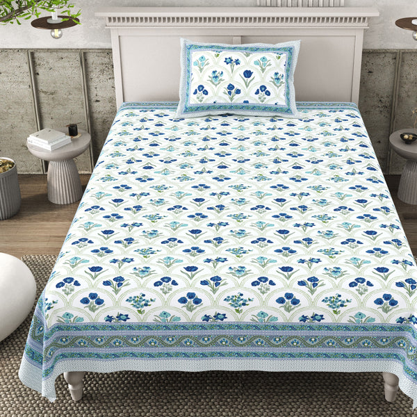 Pure Cotton Block Print Jaipuri Bedsheet - Single Bedsheet - 63*90 inches - Floral Breeze