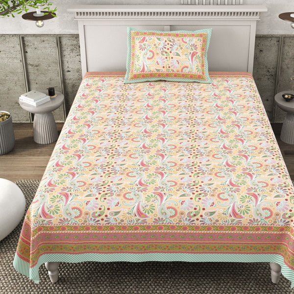 Pure Cotton Block Print Jaipuri Bedsheet - Single Bedsheet - 63*90 inches - Spring Harmony