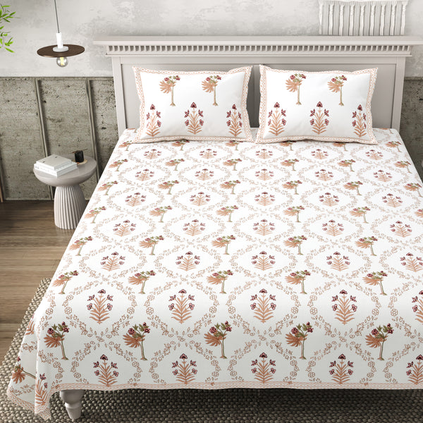 Elegant Jaipuri Print Cotton Bedsheet – Peach & Maroon Floral Motifs - Super King Size 108*108 inches