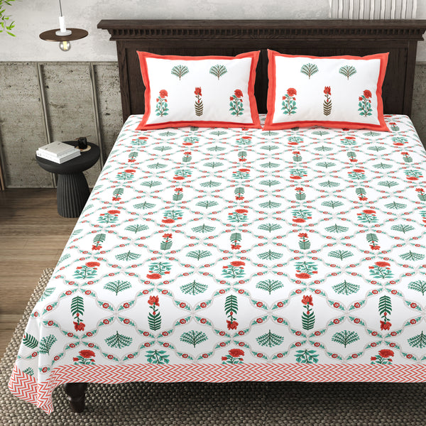 Pure Cotton Block Print Jaipuri Bedsheet - King Size 95*108 inches - Botanic Bliss