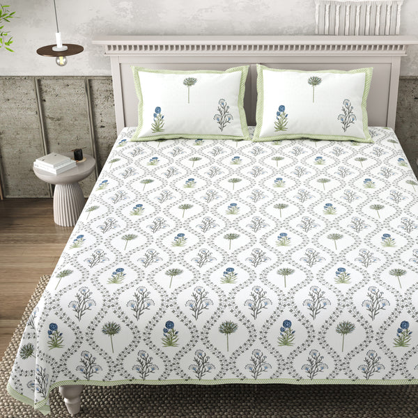 Pure Cotton Jaipuri Print Bedsheet – Blue & Green Floral Design - Super King Size 108*108 inches