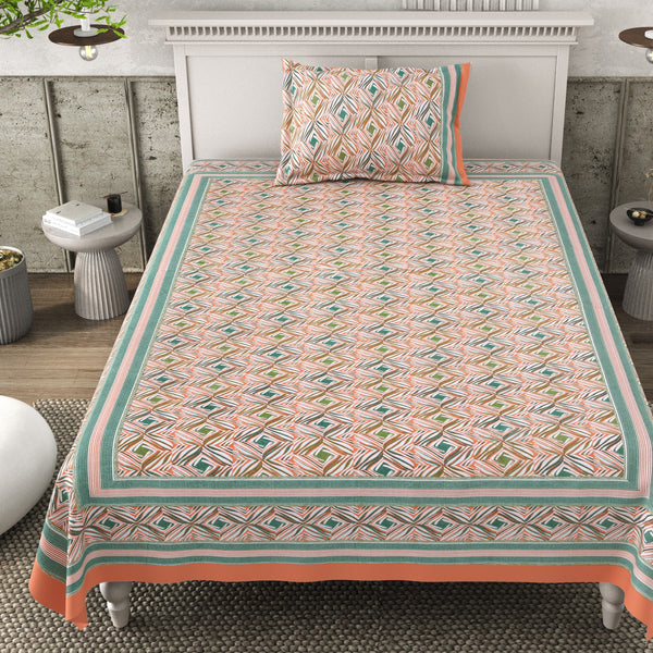 Pure Cotton Block Print Jaipuri Bedsheet - Single Bedsheet - 63*90 inches - Zigzag Harmony