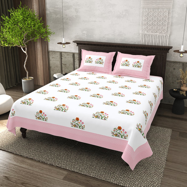 Percale Cotton Hand Block Print Jaipuri Bedsheet - Super King Size 120*120 inches - Garden Charm