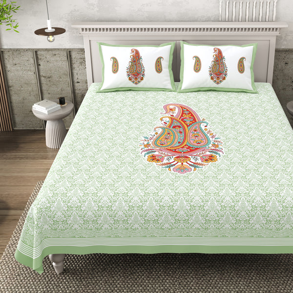 Pure Cotton Block Print Jaipuri Bedsheet - Super King Size - Paisley Charm