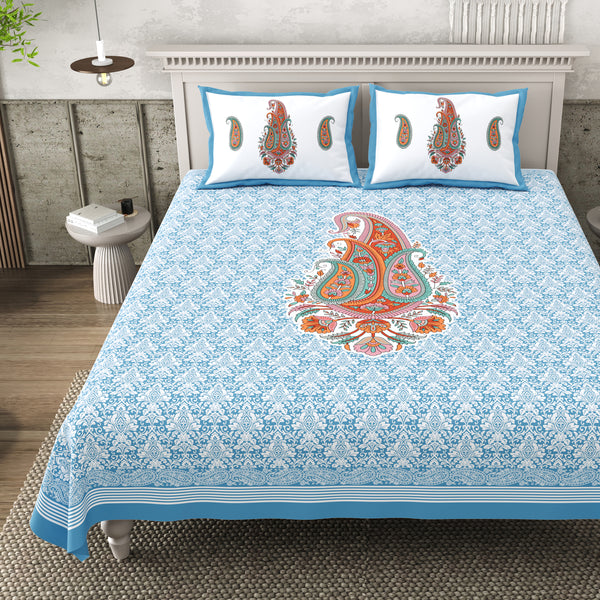 Pure Cotton Block Print Jaipuri Bedsheet - Super King Size - Paisley Charm