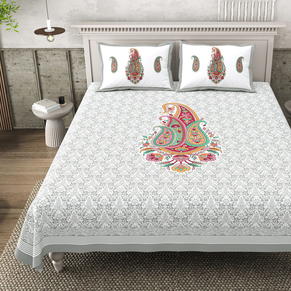 Pure Cotton Block Print Jaipuri Bedsheet - Super King Size - Paisley Charm