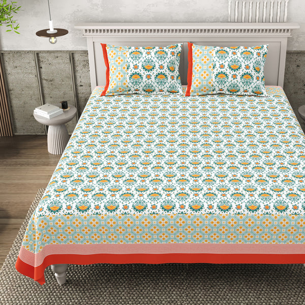 Pure Cotton Block Print Jaipuri Bedsheet - Super King Size - Blooming Garden