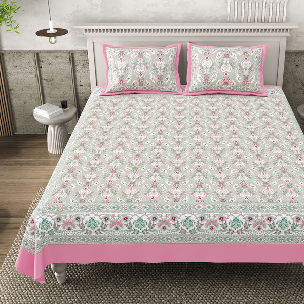 Pure Cotton Block Print Jaipuri Bedsheet - Super King Size - Floral Paradise