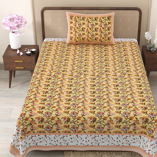 Pure Cotton Block Print Jaipuri Bedsheet - Single Bedsheet - 63*90 inches - Sage Floral