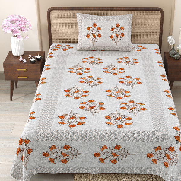 Pure Cotton Block Print Jaipuri Bedsheet - Single Bedsheet - 63*90 inches - Rustic Florals