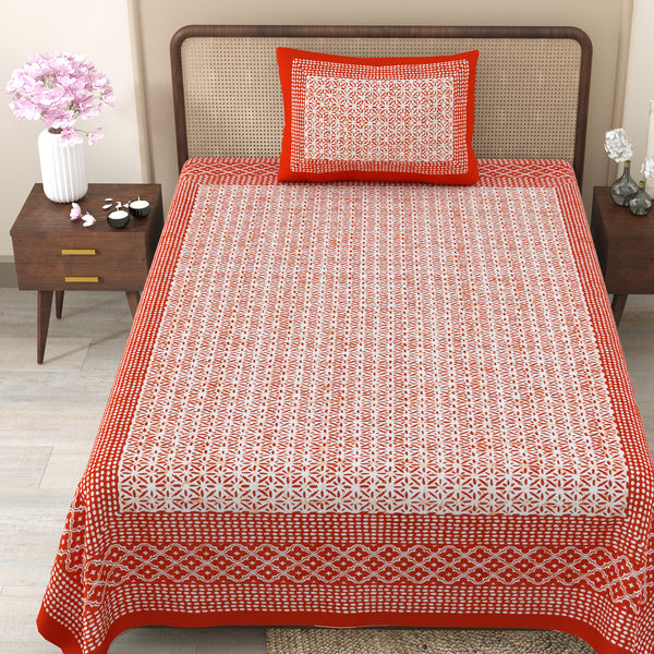 Pure Cotton Block Print Jaipuri Bedsheet - Single Bedsheet - 63*90 inches -Scarlet Grid