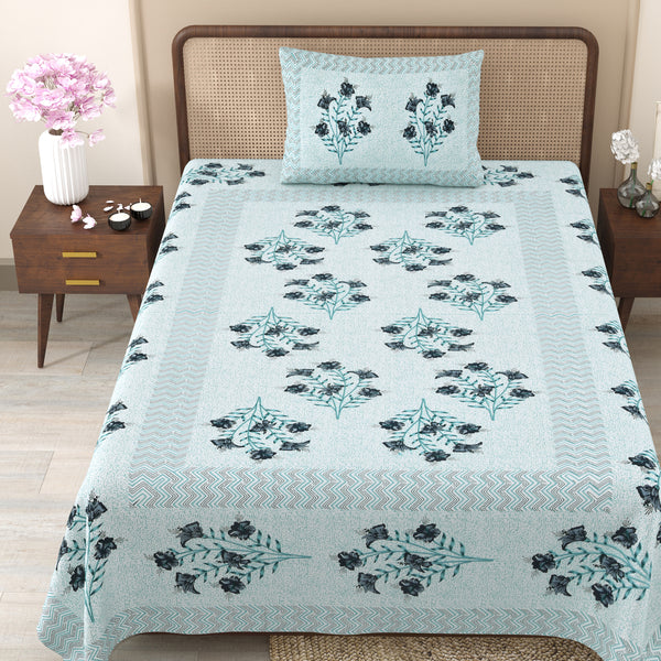 Pure Cotton Block Print Jaipuri Bedsheet - Single Bedsheet - 63*90 inches - Rustic Florals