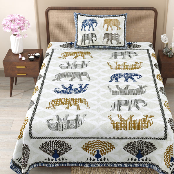 Pure Cotton Block Print Jaipuri Bedsheet - Single Bedsheet - 63*90 inches - Fauna Print