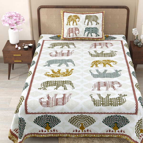 Pure Cotton Block Print Jaipuri Bedsheet - Single Bedsheet - 63*90 inches - Fauna Print