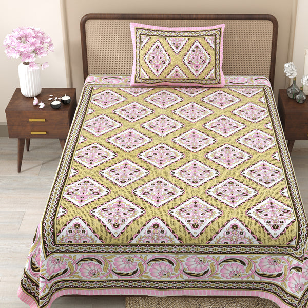 Pure Cotton Block Print Jaipuri Bedsheet - Single Bedsheet - 63*90 inches - Diamond Floral