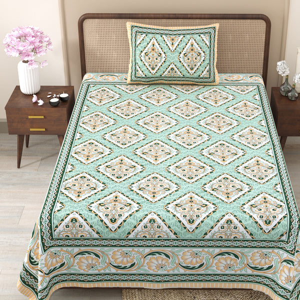 Pure Cotton Block Print Jaipuri Bedsheet - Single Bedsheet - 63*90 inches - Diamond Floral