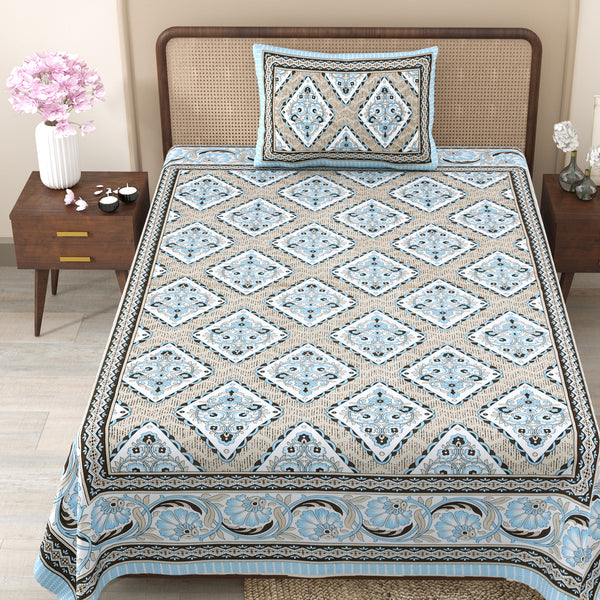 Pure Cotton Block Print Jaipuri Bedsheet - Single Bedsheet - 63*90 inches - Diamond Floral