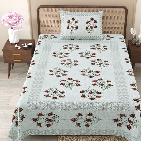 Pure Cotton Block Print Jaipuri Bedsheet - Single Bedsheet - 63*90 inches - Rustic Floral