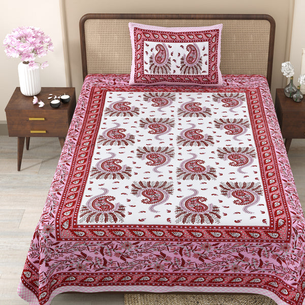 Pure Cotton Block Print Jaipuri Bedsheet - Single Bedsheet - 63*90 inches - Crimson Floral