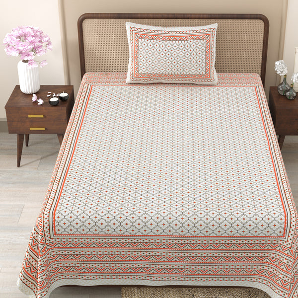 Pure Cotton Block Print Jaipuri Bedsheet - Single Bedsheet - 63*90 inches - Ivory Lattice