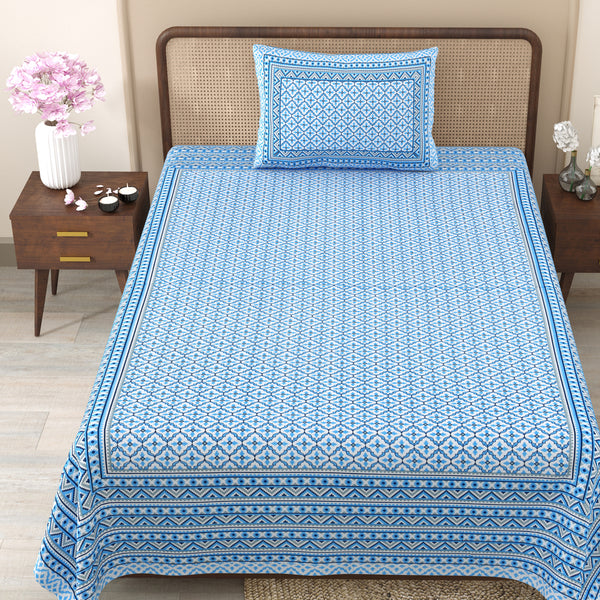 Pure Cotton Block Print Jaipuri Bedsheet - Single Bedsheet - 63*90 inches - Ivory Lattice