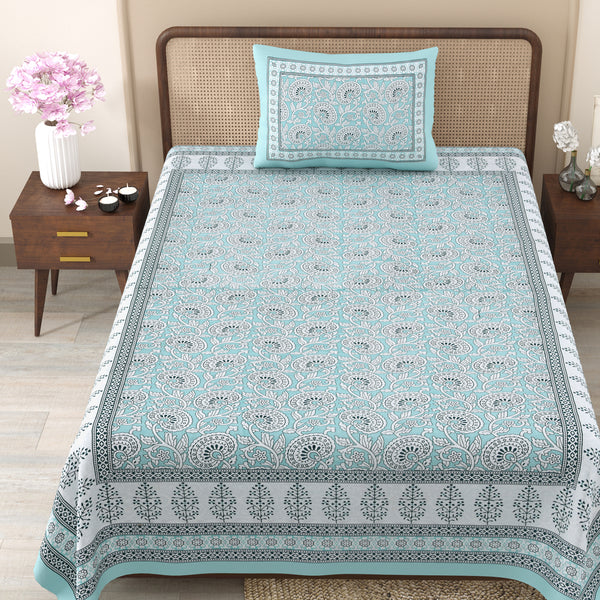 Pure Cotton Block Print Jaipuri Bedsheet - Single Bedsheet - 63*90 inches - Classic Floral