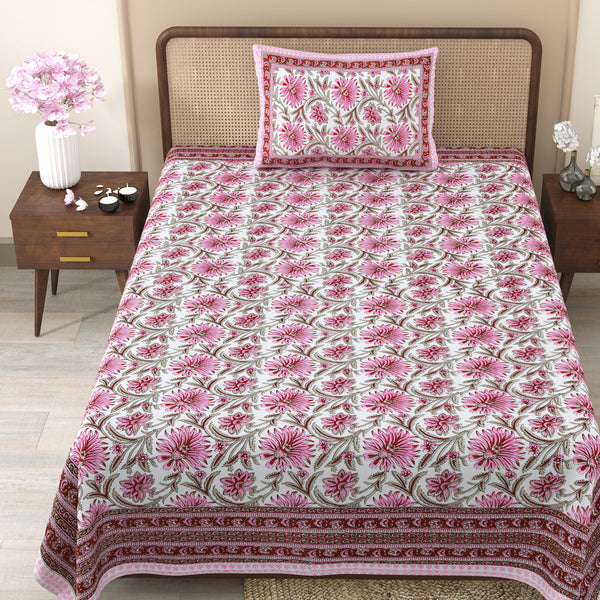 Pure Cotton Block Print Jaipuri Bedsheet - Single Bedsheet - 63*90 inches - Botanical Floral