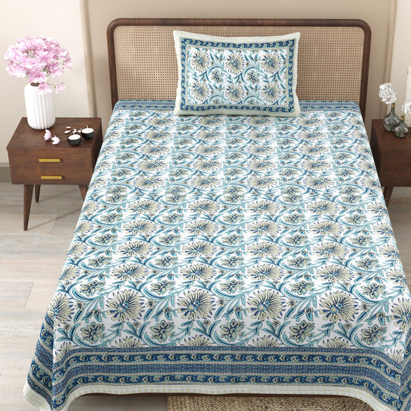 Pure Cotton Block Print Jaipuri Bedsheet - Single Bedsheet - 63*90 inches - Botanical Floral