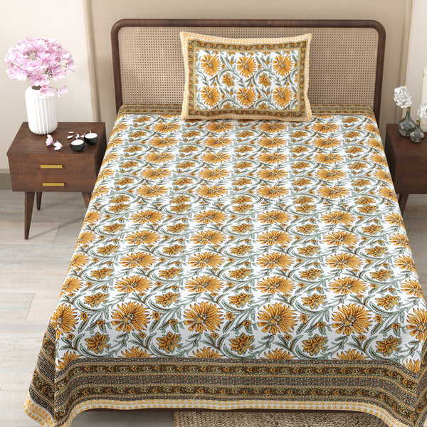 Pure Cotton Block Print Jaipuri Bedsheet - Single Bedsheet - 63*90 inches - Botanical Floral