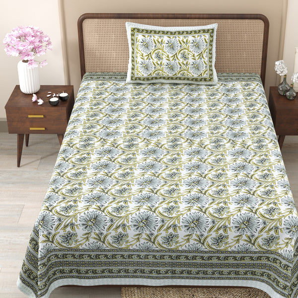 Pure Cotton Block Print Jaipuri Bedsheet - Single Bedsheet - 63*90 inches - Botanical Floral