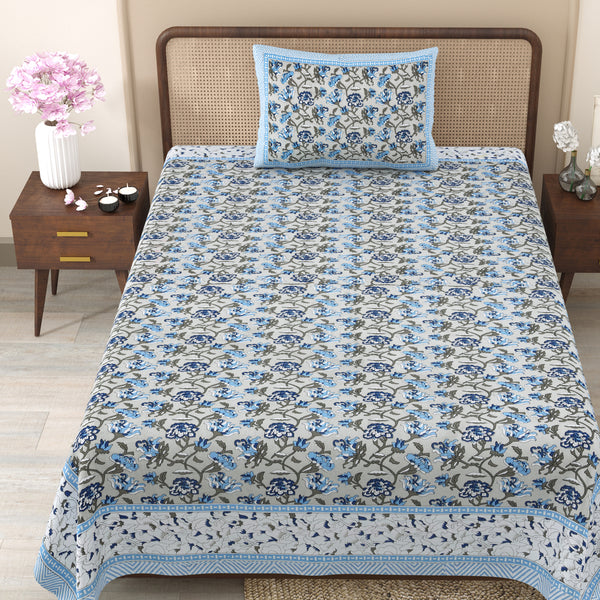 Pure Cotton Block Print Jaipuri Bedsheet - Single Bedsheet - 63*90 inches - Sage Floral