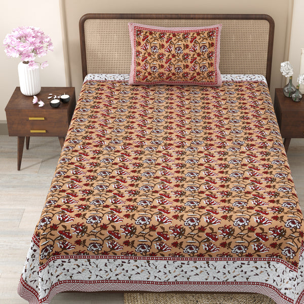 Pure Cotton Block Print Jaipuri Bedsheet - Single Bedsheet - 63*90 inches - Sage Floral