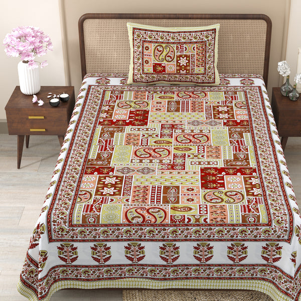 Pure Cotton Block Print Jaipuri Bedsheet - Single Bedsheet - 63*90 inches - Earthy Floral