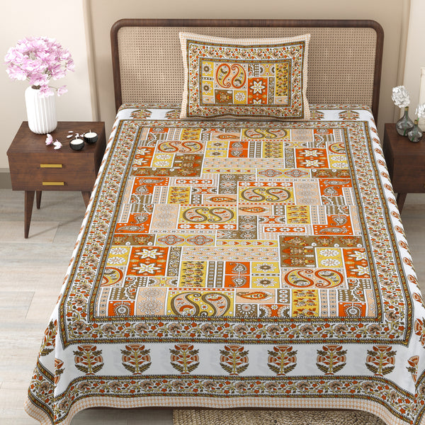 Pure Cotton Block Print Jaipuri Bedsheet - Single Bedsheet - 63*90 inches - Earthy Floral