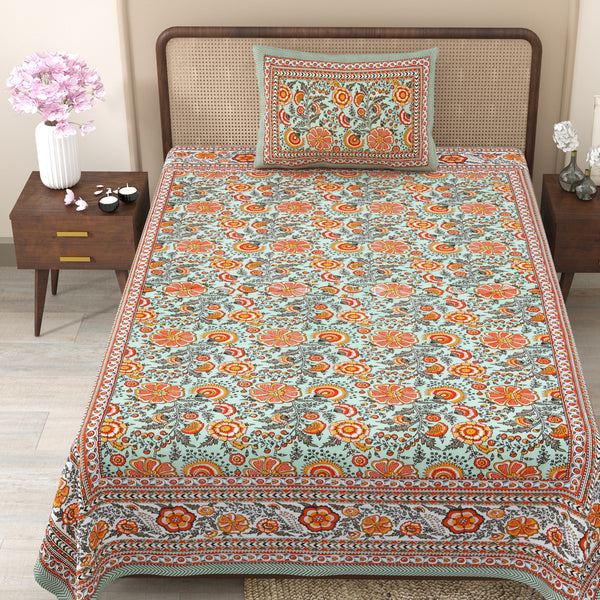 Pure Cotton Block Print Jaipuri Bedsheet - Single Bedsheet - 63*90 inches - Regal Floral