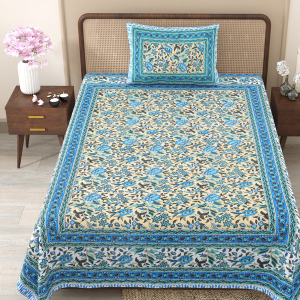 Pure Cotton Block Print Jaipuri Bedsheet - Single Bedsheet - 63*90 inches - Azure Floral